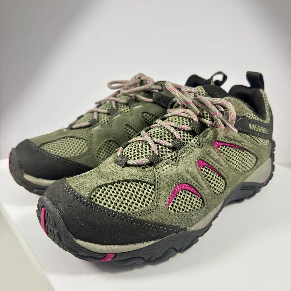 Merrell Alverstone Hiking Shoes Womens 9.5 Olive Green Pink Suede Mesh J135202